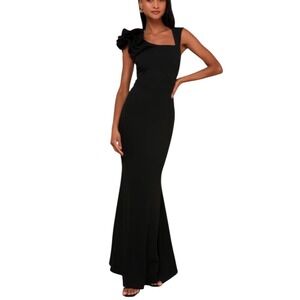Lulus Black Shoulder Ruffle Formal Maxi Dress Evening Size Large NEW With Tag